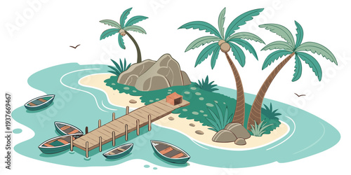 A small island with palm trees and a log Vector