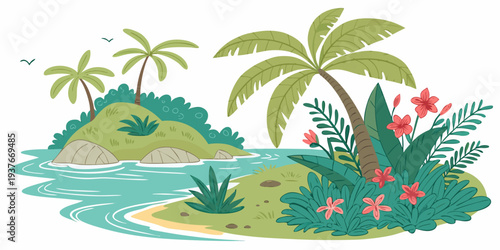 A serene island paradise with palm trees and vibrant flowers Vector