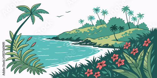 A tropical landscape with a beach and palm trees Vector