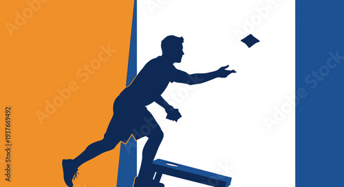 Silhouette of a person throwing a bag during a cornhole game against graphic background