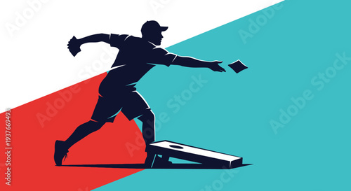 Dynamic silhouette of a person playing cornhole with bold red and teal background