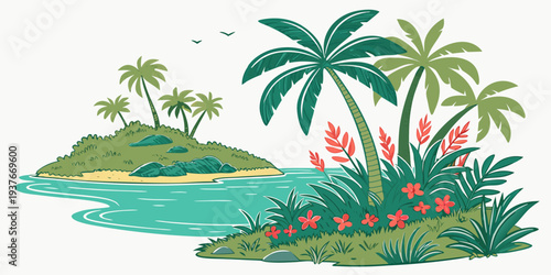A tropical island with palm trees and flowers Vector
