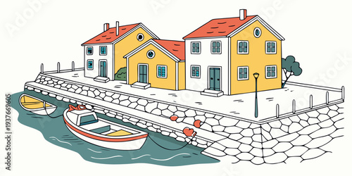 Colorful houses by the water with a boat Vector