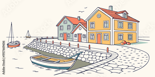 A small coastal village with boats and houses Vector