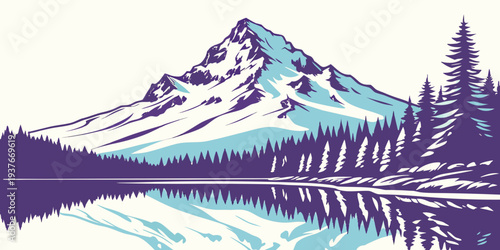 A serene mountain landscape with a lake and trees Vector