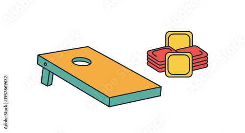 Cornhole game illustration orange board and red yellow bean bags isolated