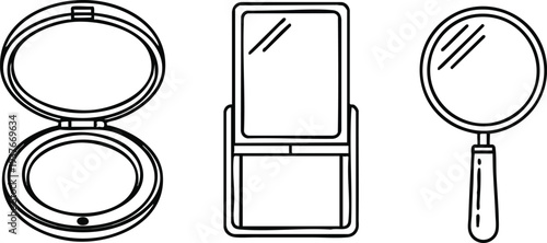 Vanity Mirror and Cosmetic Compact Line Art Set - Folding Pocket Mirror, Makeup Compact, and Handheld Mirror Icons