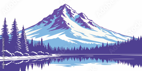 A serene mountain landscape with a lake and trees Vector