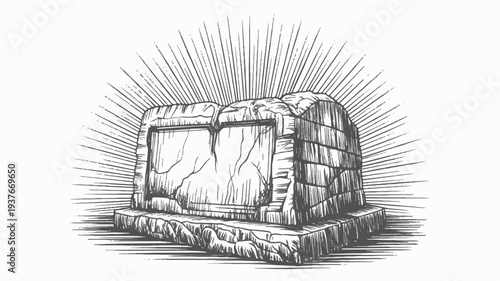 Ancient stone tablet with cracked surface illuminated by sun rays on a pedestal