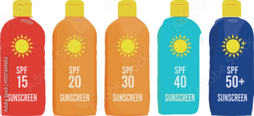Sunscreen bottles with different SPF levels flat vector illustration set, sun protection cosmetic packaging design for summer skincare products