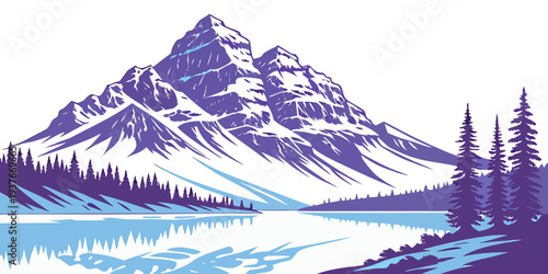 A serene mountain landscape with a lake and trees Vector