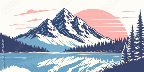 A serene mountain landscape at sunset with a lake Vector
