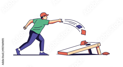 Man throwing bean bags towards a wooden board in a game of cornhole