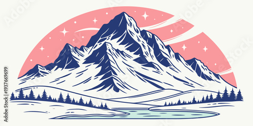 A snowy mountain landscape with a pink sun Vector