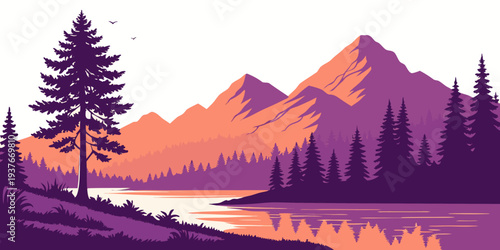 Serene mountain landscape with lake and trees at sunset Vector