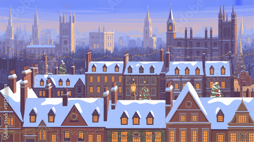 Snow covered rooftops of traditional european buildings with gothic architecture in the background at dusk with soft blue sky