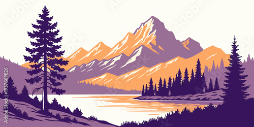 A serene mountain landscape with a lake and trees Vector