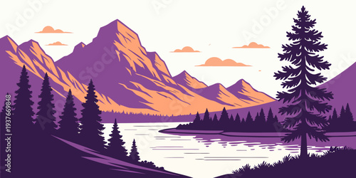 A serene mountain landscape with a lake and trees Vector