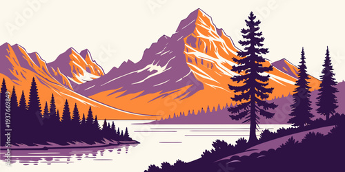 A serene mountain landscape with a lake and trees Vector