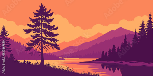 A serene pixel art landscape of a lake at sunset Vector