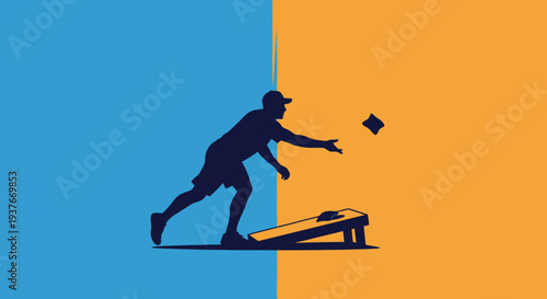 Silhouette of a person playing cornhole in a blue and orange split background
