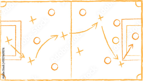 Hand-drawn football play diagram with tactical movements and player positions outlining a strategic game plan for achieving victory on the field.