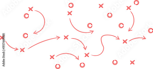 Abstract visual representation of an Xs and Os game strategy with directional arrows showing movement paths across the field.