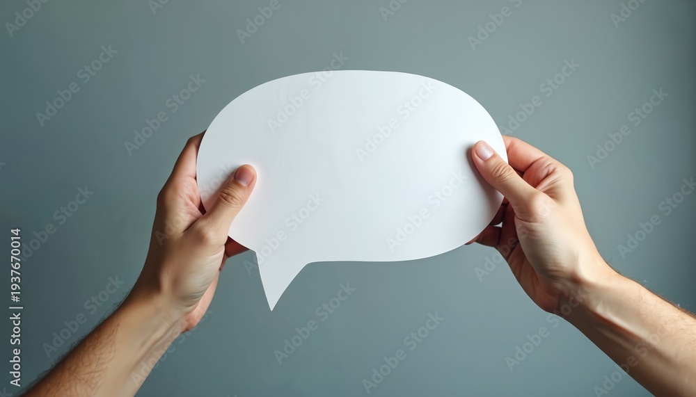 Obraz premium Hands hold blank white speech bubble graphic. Concept for conversation, messages, ideas, and communication. Use for chat, feedback, dialogue, questions, and opinions.