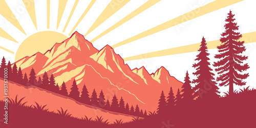 A mountain landscape at sunrise with trees and sunburst Vector