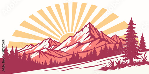 Sunrise over a mountain range with trees Vector