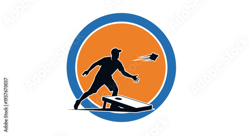 Cornhole silhouette player throwing bean bag toward board orange and blue circle