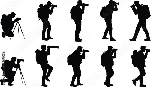 Photographer silhouette collection, professional camera operators shooting photos vector illustration, travel photography poses isolated media creator activity set