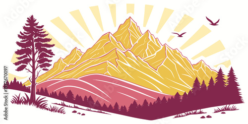 A mountain landscape with a tree and birds Vector