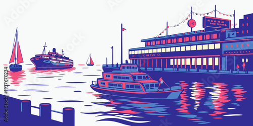 A pixelated image of boats docked at a harbor with vibrant colors Vector