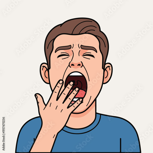 Man yawning with hand covering mouth and closed eyes expression