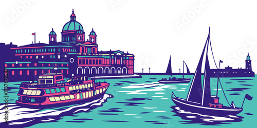 A pixelated image of a city with boats on the water Vector