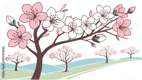 A tree with pink flowers and birds on a sunny day Vector