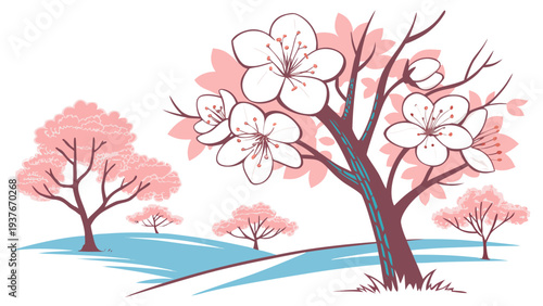 A pink tree with snow on the ground and other trees in the background Vector