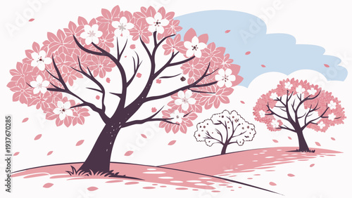 A serene landscape with blooming cherry blossom trees Vector