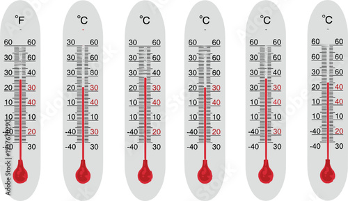 Thermometer temperature scale collection flat vector illustration with Celsius and Fahrenheit measurements isolated on background