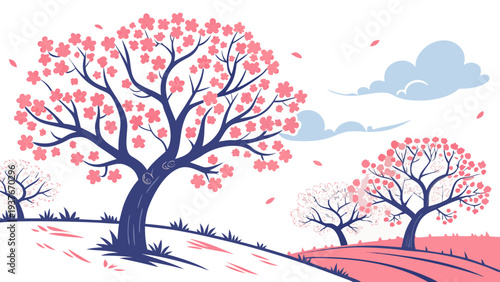 A serene landscape with blooming trees and a cloudy sky Vector