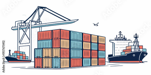 A cargo ship and crane loading colorful shipping containers Vector