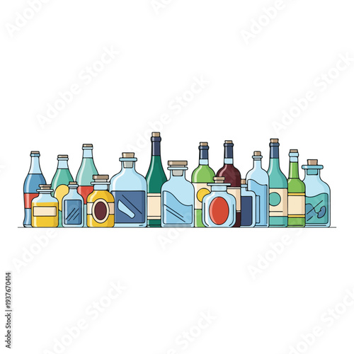 Alcohol bottles in various shapes and colors on a white background