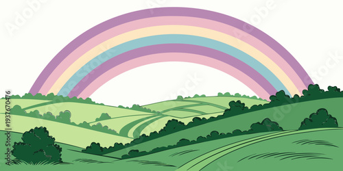 A colorful rainbow stretches over a green landscape Vector