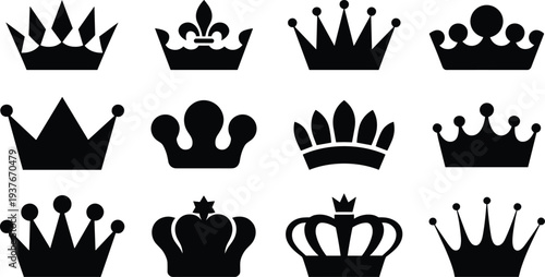 Royal crown silhouette set, king and queen monarchy crowns vector illustration, luxury heraldic royal symbols isolated decorative design collection