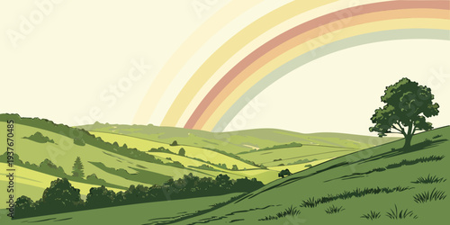 A serene landscape with a tree and a rainbow Vector