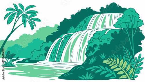 A serene tropical waterfall scene with lush greenery Vector