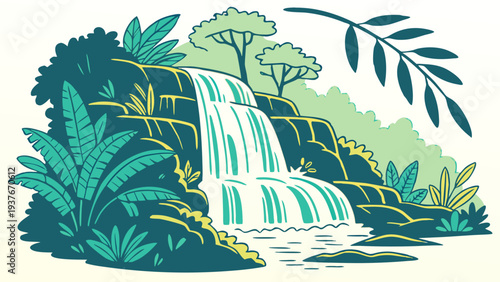 A serene waterfall surrounded by lush greenery and tropical plants Vector
