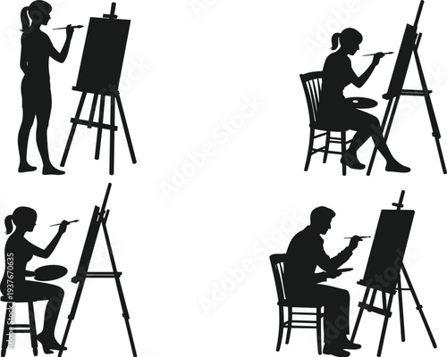 Silhouette artists painting, creative art poses, easel canvas, brush strokes, artistic lifestyle, painter figure, studio design, imagination, creativity, artwork