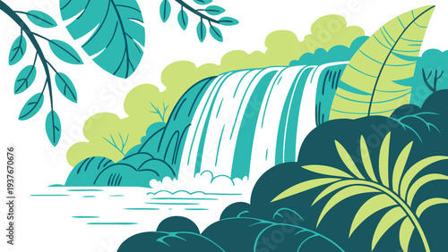 A serene waterfall surrounded by lush greenery and tropical leaves Vector